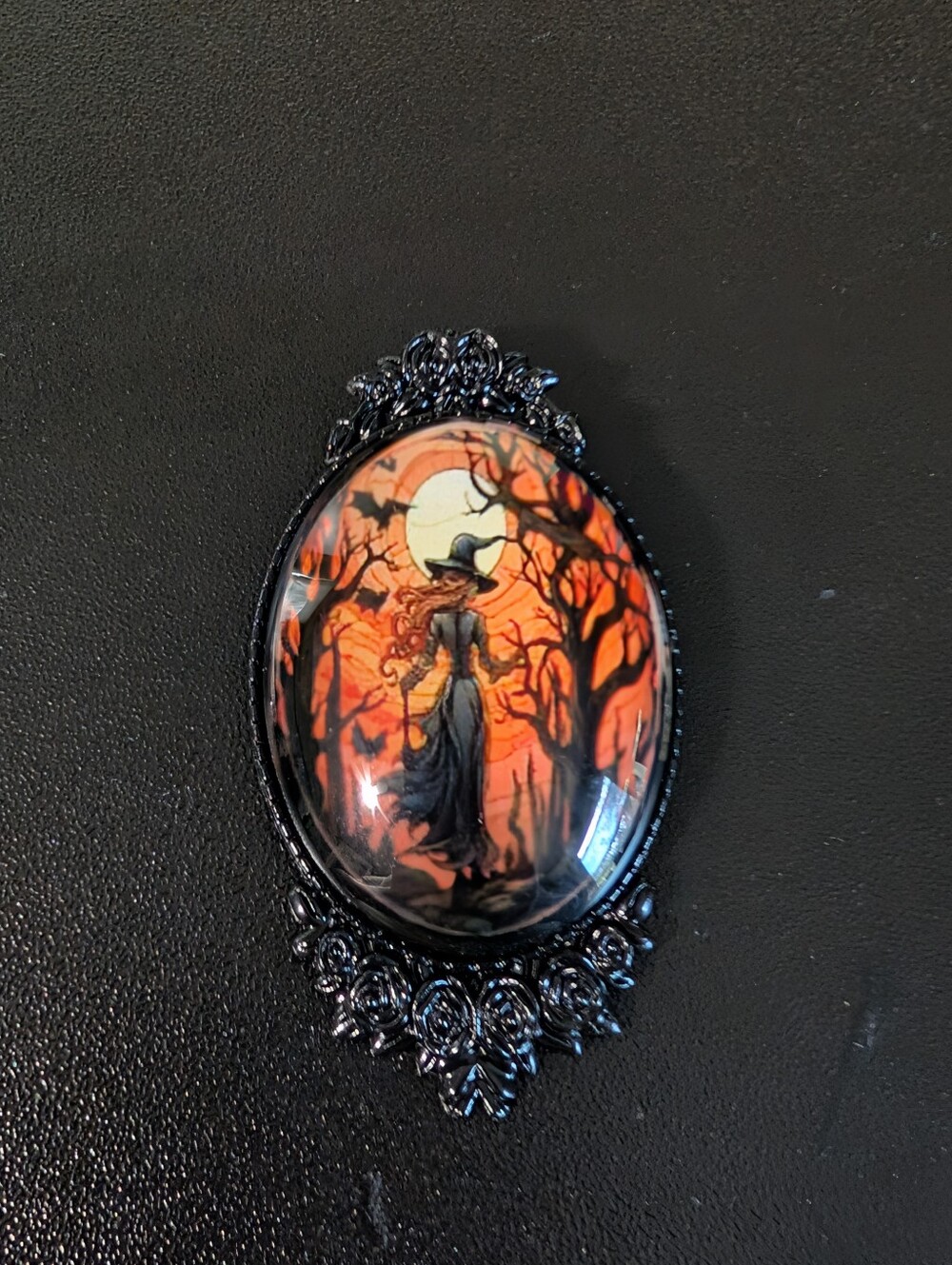 Black Gothic Witch Brooch with Orange Moon